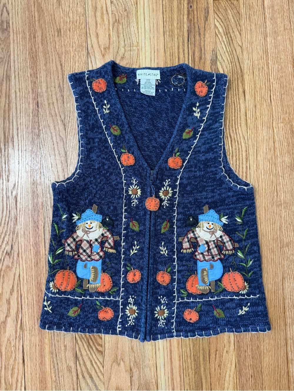 Vintage White Stag Embroidered Full-Zip Scarecrows Fall Autumn Sweater Vest - Sm